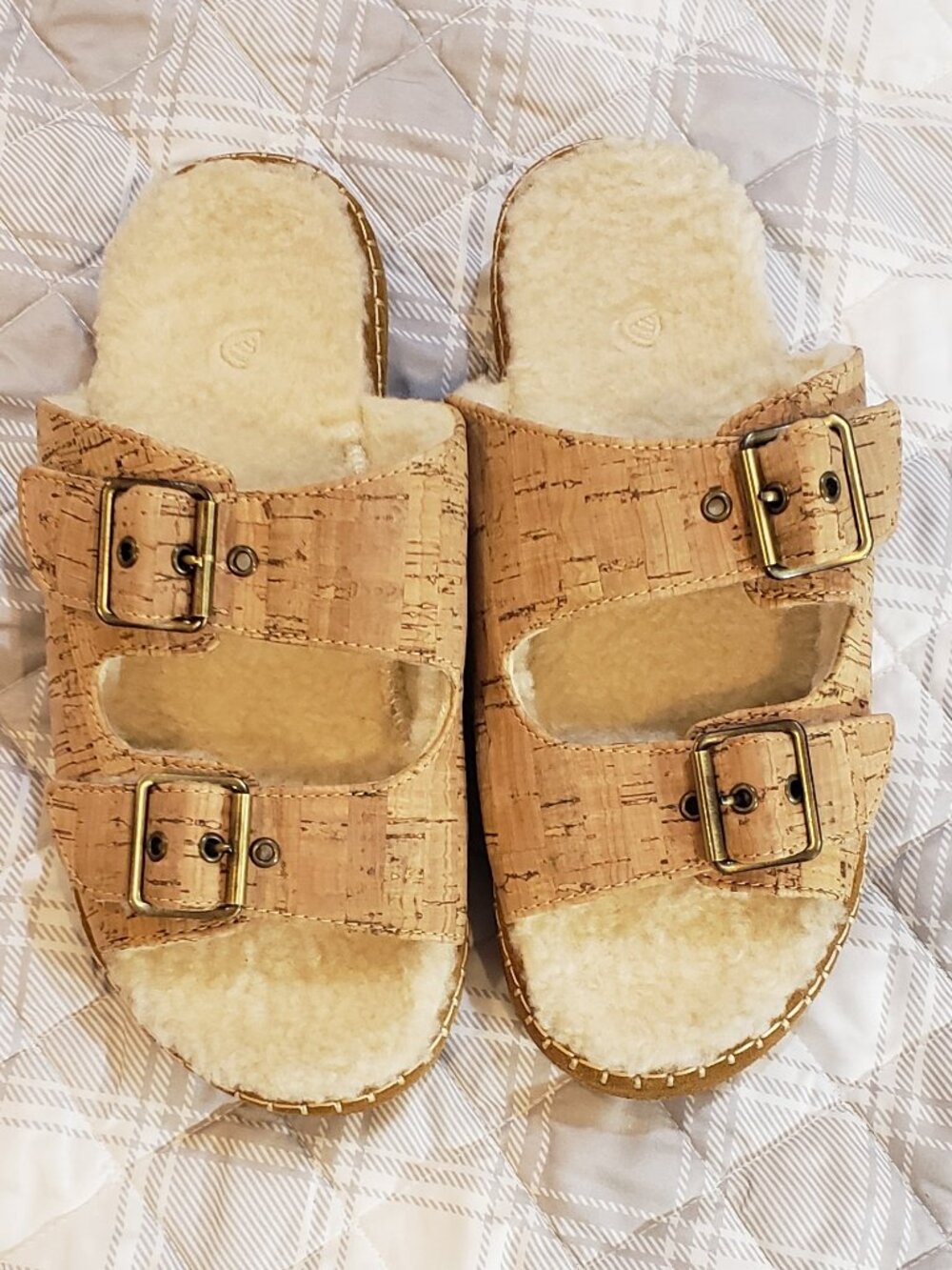 Acorn Women's Camden Double Buckle Slide Slippers faux fur in cork Size 8-9